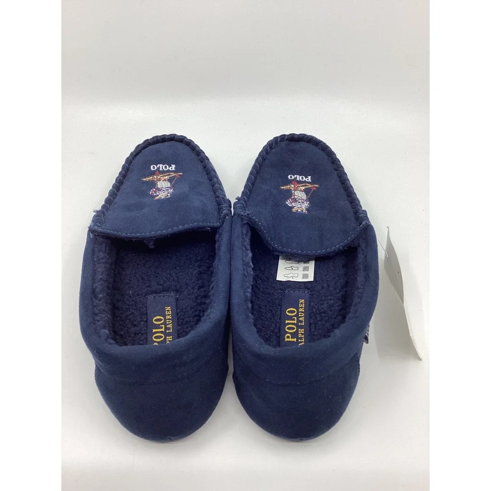 Polo Ralph Lauren Mens Navy Blue Skiing Polo Bear Moccasin Slippers Size 6 NEW